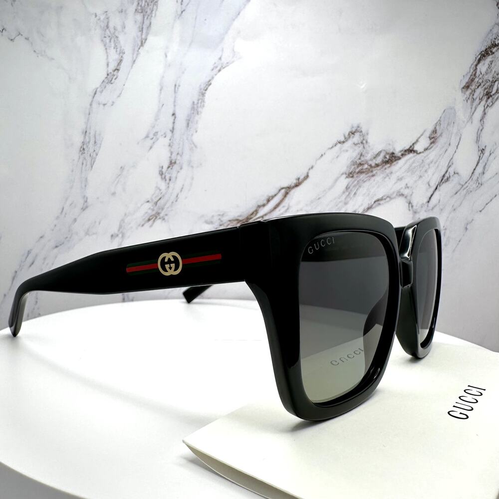 New GUCCI Sunglasses Black 54mm Square Gold Interlocking GG Red Green Web - Picture 7 of 16